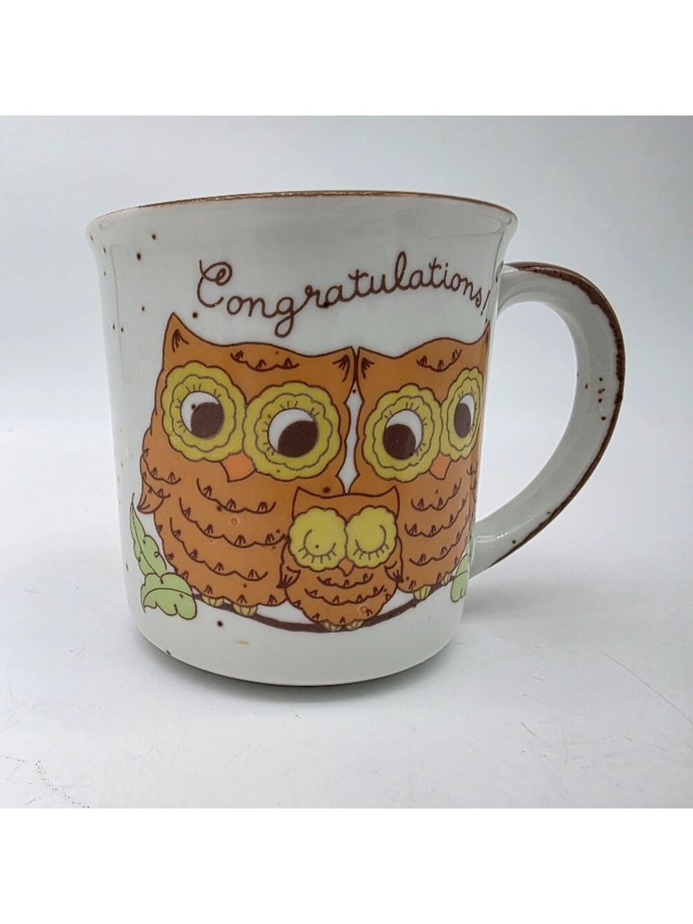 Retro Owl Mug Speckled Stoneware Owlet Baby Congratulations Vintage